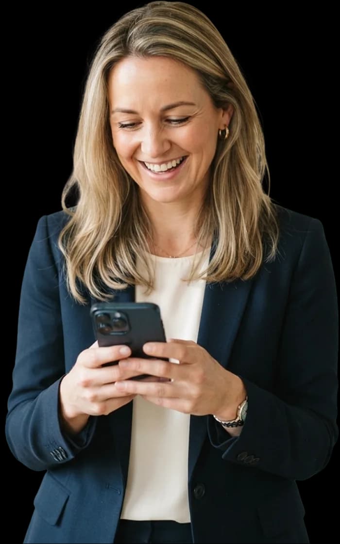Entrepreneure souriante qui consulte VIP Assist sur son téléphone