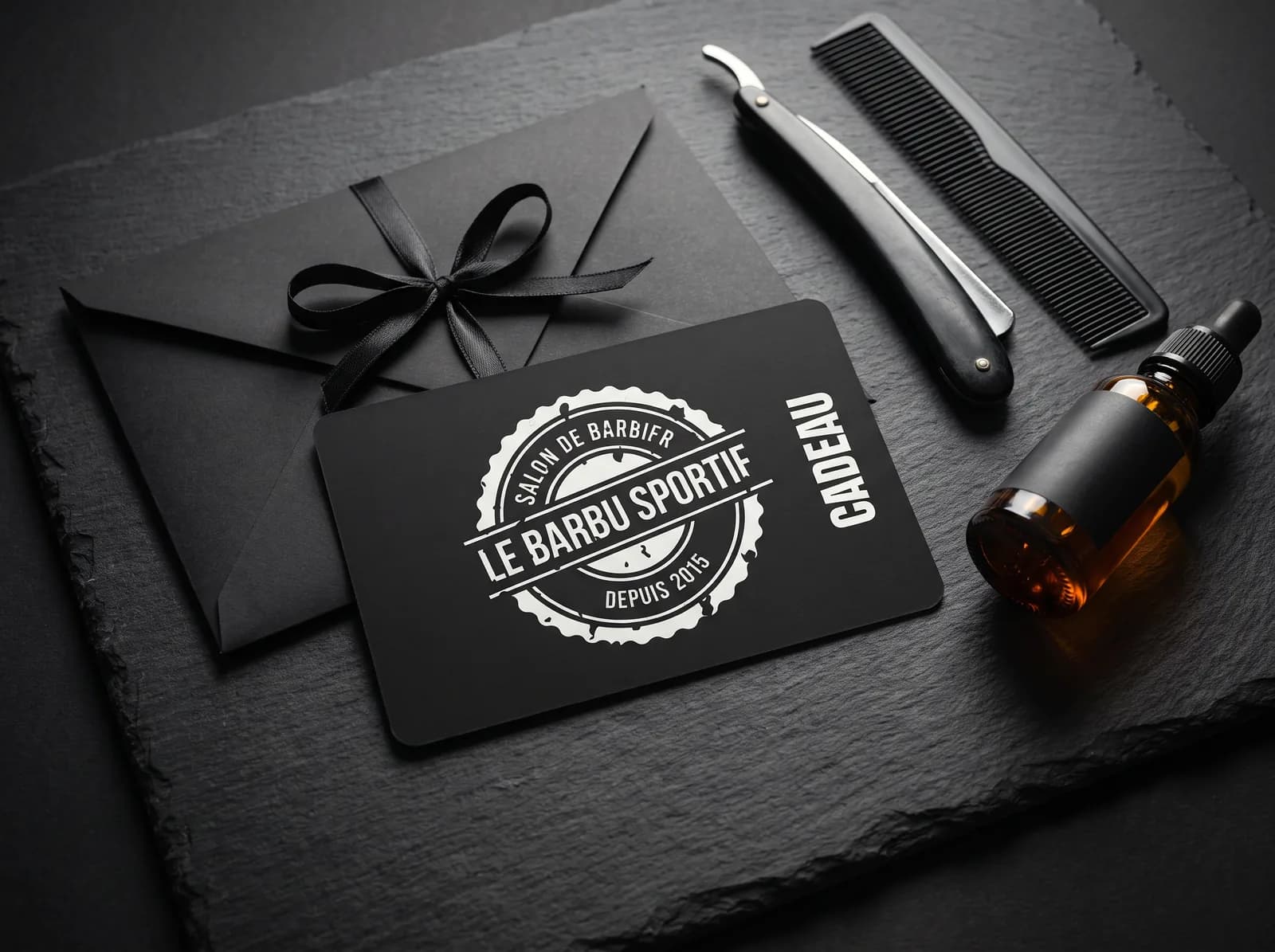 Carte-cadeau noire Le Barbu Sportif posée sur une enveloppe à ruban, à côté d'un rasoir droit, d'un peigne et d'un flacon d'huile à barbe