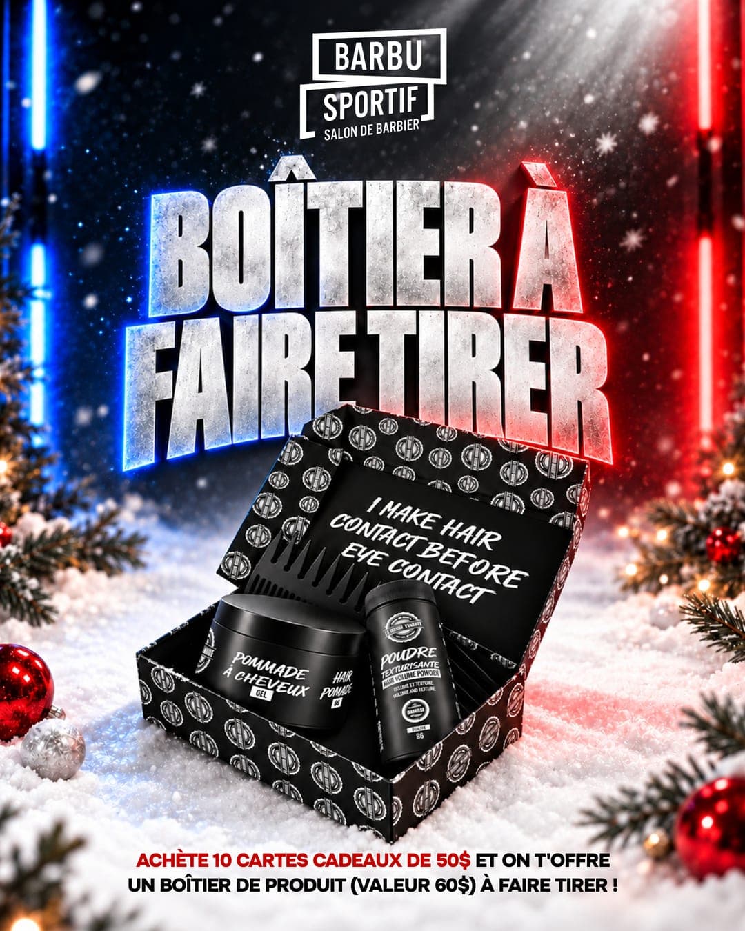 Le boîtier Barbu Sportif dans un décor de Noël enneigé